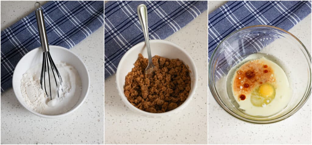 Make the flour mixture, crumb topping and wet ingredients for the muffins. 