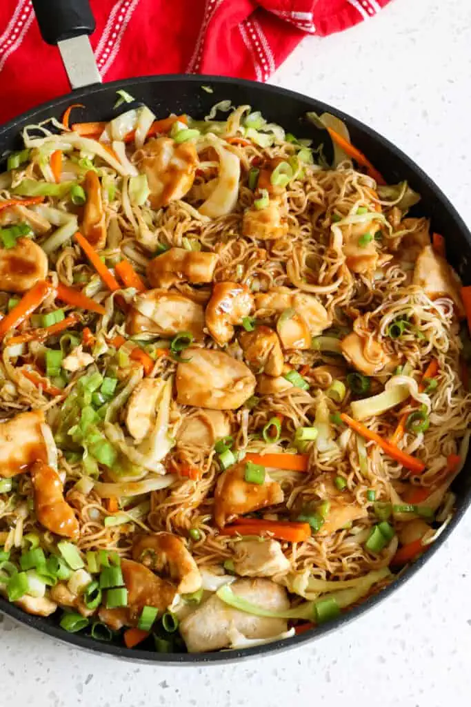 Delicious and easy Chicken Chow Mein with crispy chow mein noodles, golden browned chicken breasts, cabbage, carrots, and green onions in the tastiest savory sauce ever.