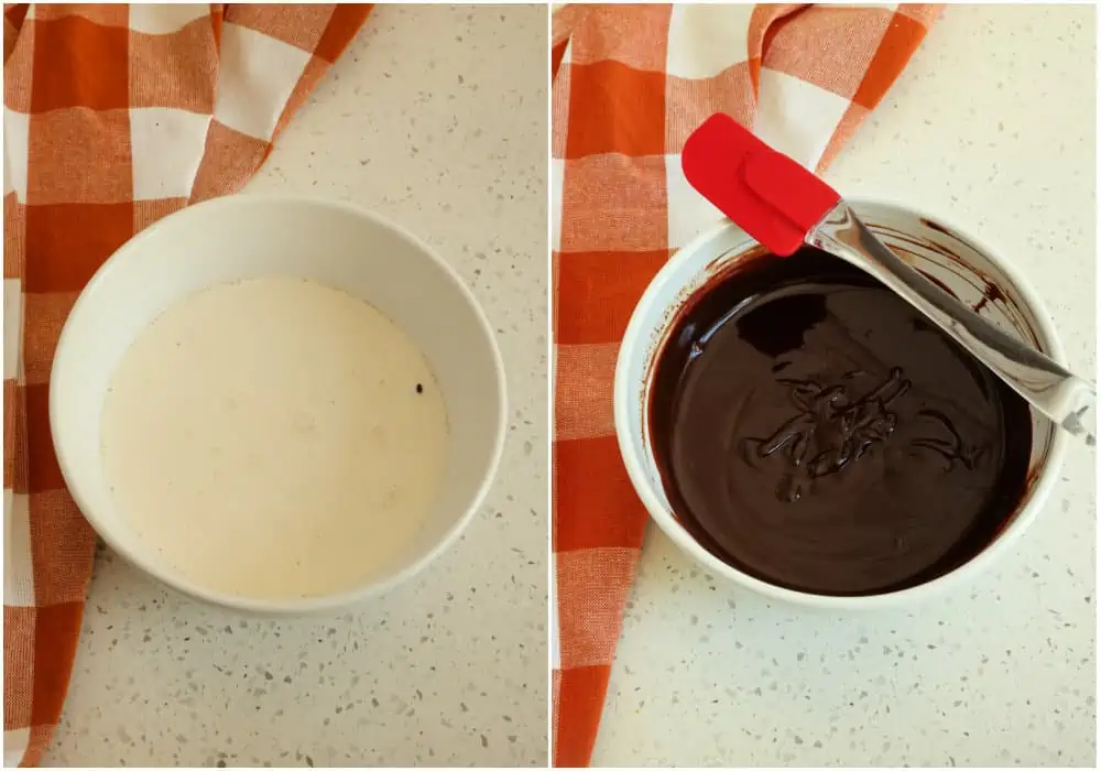 Add the chocolate chips to a medium bowl. Warm the heavy cream on the stovetop over low heat just until small fine bubbles surface. Pour the warm cream over the chocolate chips, cover with plastic wrap, and let it sit for about 10 minutes to melt the chocolate.  Then uncover and stir until smooth and combined.