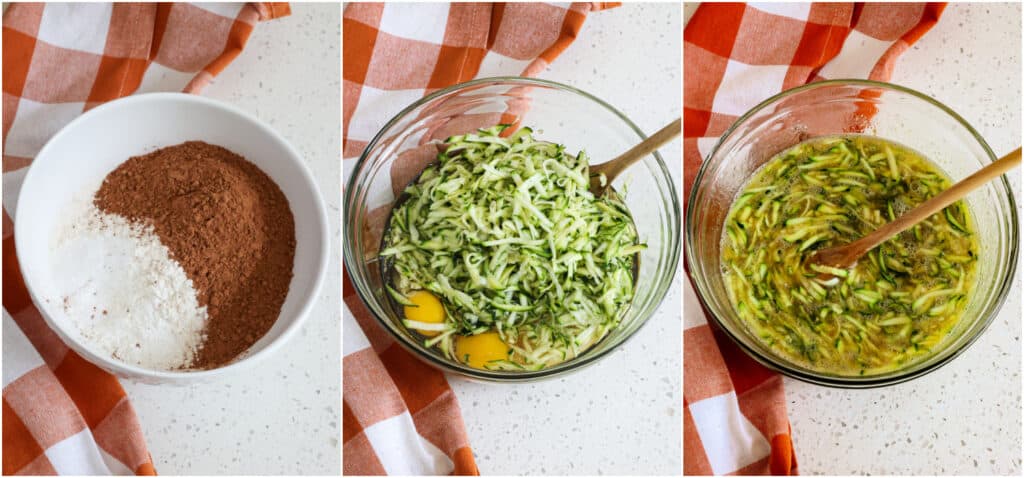 First, in a medium bowl, whisk together the flour, cocoa powder, baking soda, baking powder, and salt. In a large bowl, stir together the eggs, vegetable oil, granulated sugar, brown sugar, vanilla extract, and zucchini. Add the dry ingredients to the wet ingredients and mix just until combined. Fold in the chocolate chips.