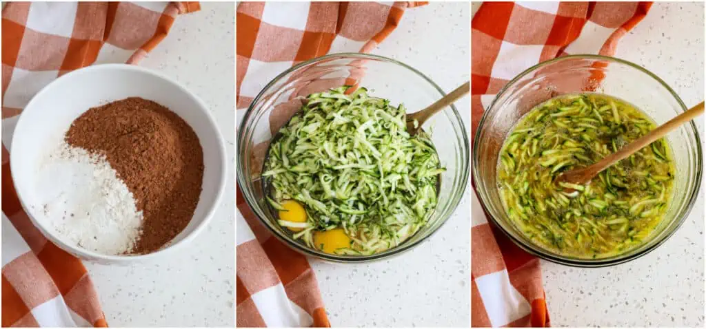 First, in a medium bowl, whisk together the flour, cocoa powder, baking soda, baking powder, and salt. In a large bowl, stir together the eggs, vegetable oil, granulated sugar, brown sugar, vanilla extract, and zucchini. Add the dry ingredients to the wet ingredients and mix just until combined. Fold in the chocolate chips. 