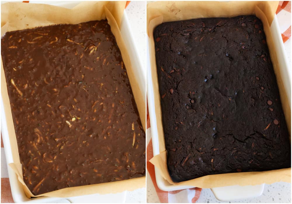 Pour the batter into a well-greased or parchment paper lined baking pan. Bake until a toothpick inserted in the center of the cake comes out with no wet batter. You may have a few moist crumbs or a little chocolate from the chips.