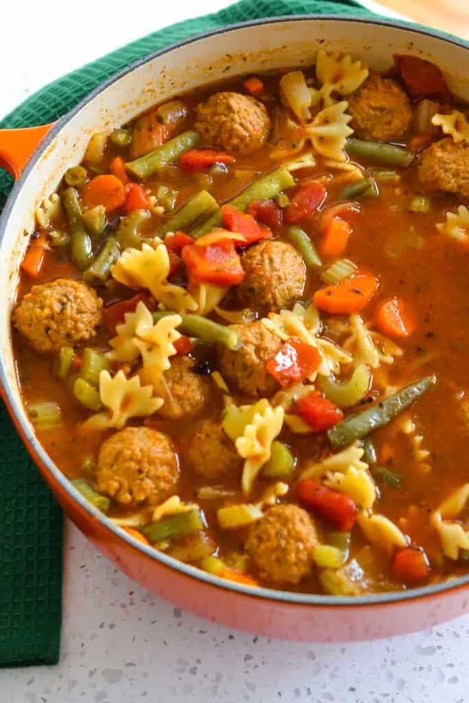 This family-friendly tasty Meatball Soup is a cinch to make using frozen or fresh ground beef meatballs and a handful of fresh-cut vegetables. 