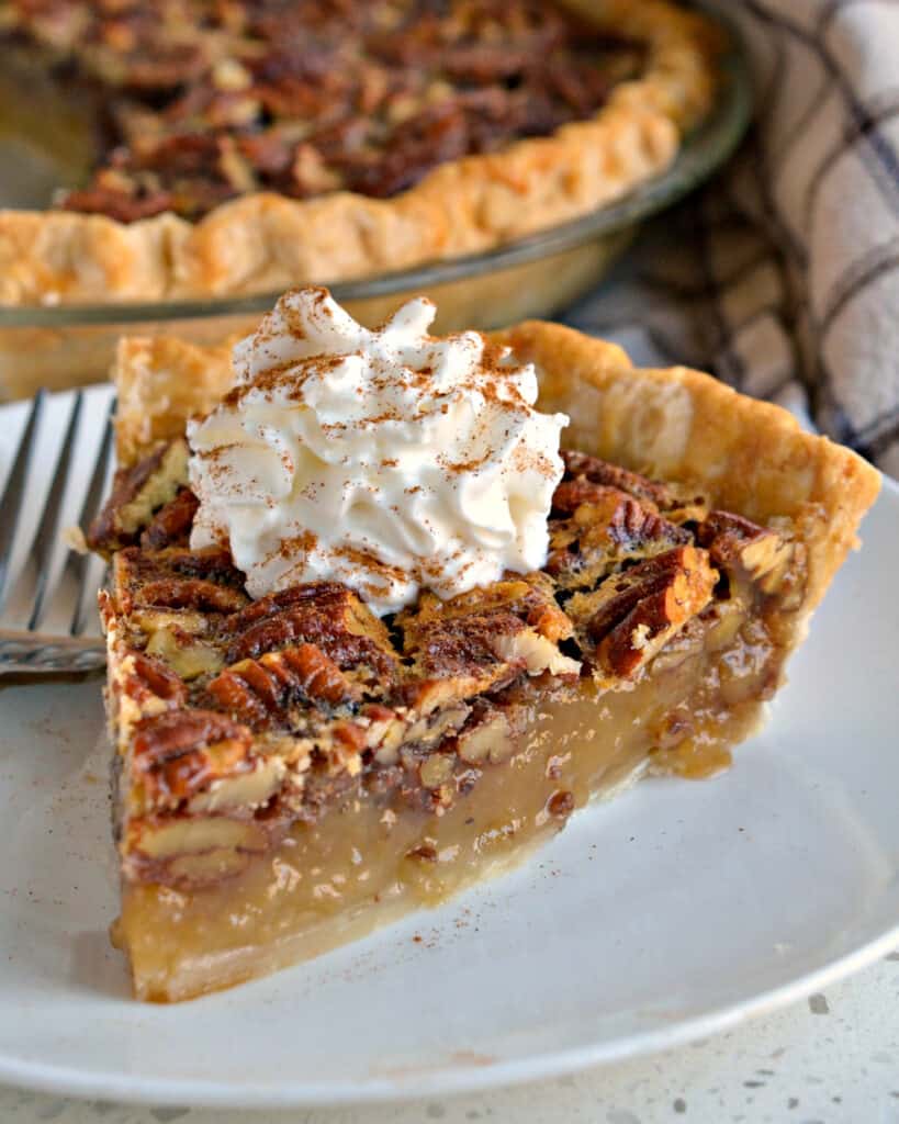 A slice of pecan pie topped with whippd cream and cinnamon.