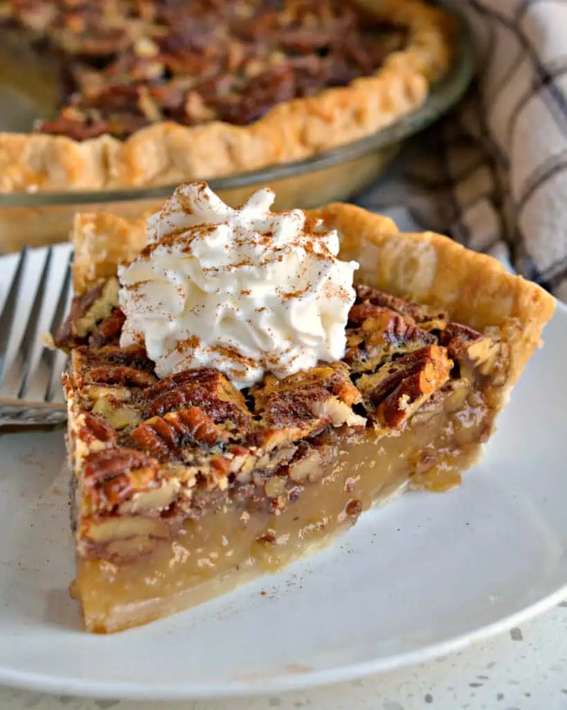 A slice of pecan pie topped with whippd cream and cinnamon. 