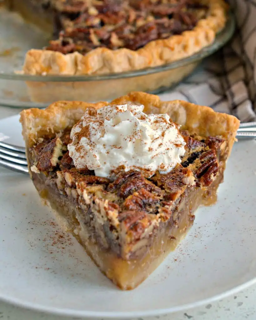 A piece of pecan pie on a serving plate with rest of the pecan pie in the background. 