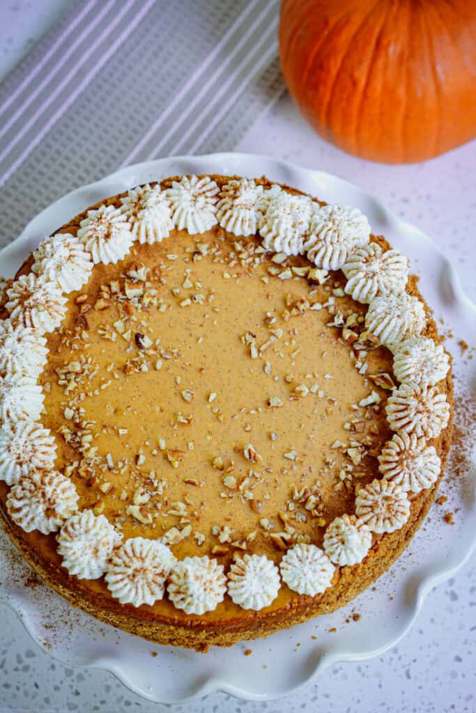 A rich and luscious classic cheesecake flavored with pumpkin puree and all your favorite fall spices like cinnamon, nutmeg, and cloves.