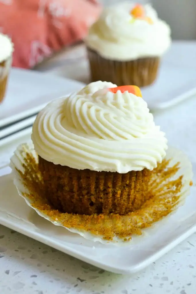 These scrumptious and adorable moist cinnamon pumpkin cupcakes are topped with an easy five-ingredient cinnamon cream cheese frosting. 