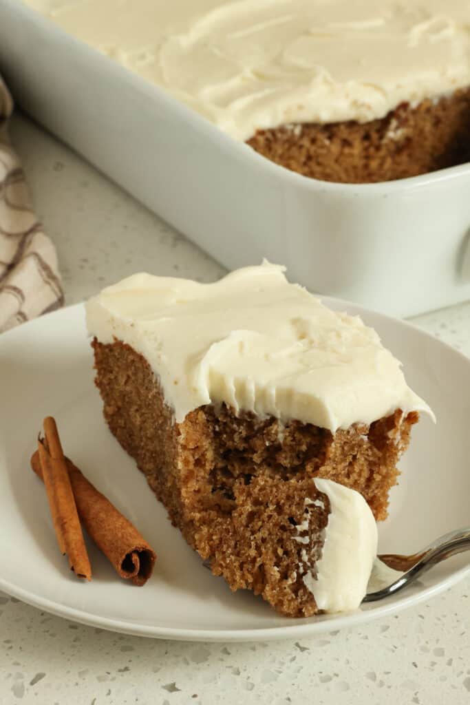 A delicious moist cake made with ginger, cinnamon, nutmeg, allspice and cloves topped with an easy four ingredient brown sugar cream cheese frosting.