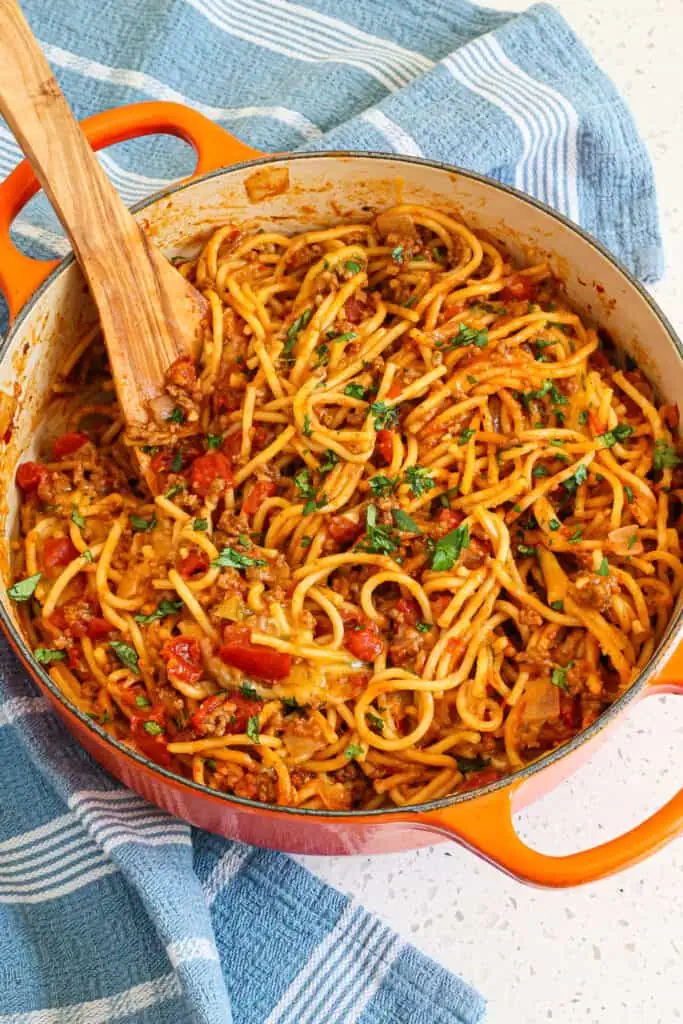 Enjoy this quick and tasty Taco Spaghetti made with common ingredients easily in one pot right on the stovetop. 