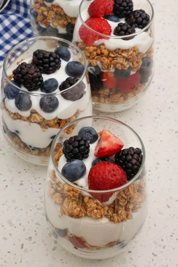 These Yogurt Parfaits are quick and easy with fresh berries and vanilla yogurt, making them ideal for breakfasts and snacks.