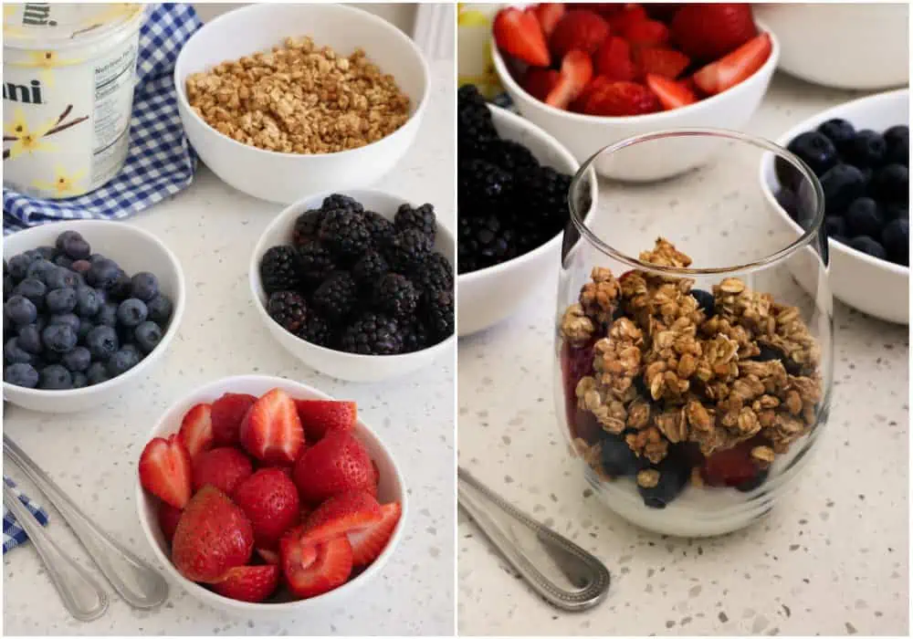 First, wash all your berries and dry them or drain the water off of them. Slice the strawberries in half or in quarters. Add a little bit of yogurt to each glass. Then top with a few assorted berries, followed by a few heaping tablespoons of granola. 