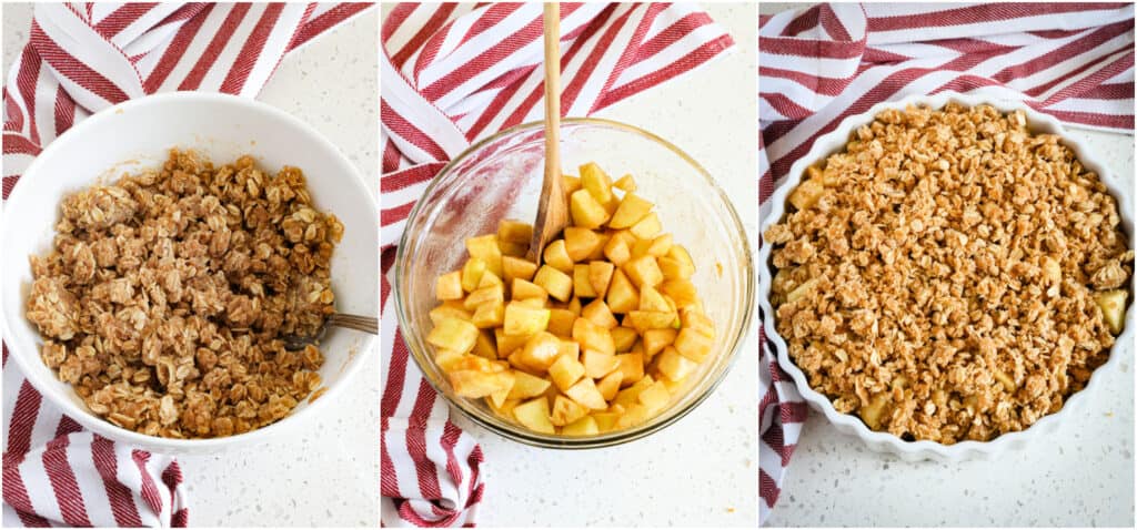 The steps to making apple crisp. stir the rolled oats, flour, brown sugar, cinnamon, and salt together. Drizzle in the melted butter and stir with a fork until coarse crumbs form. peel, core, and slice your apples. Sprinkle the oat topping over the apples as evenly as possible.