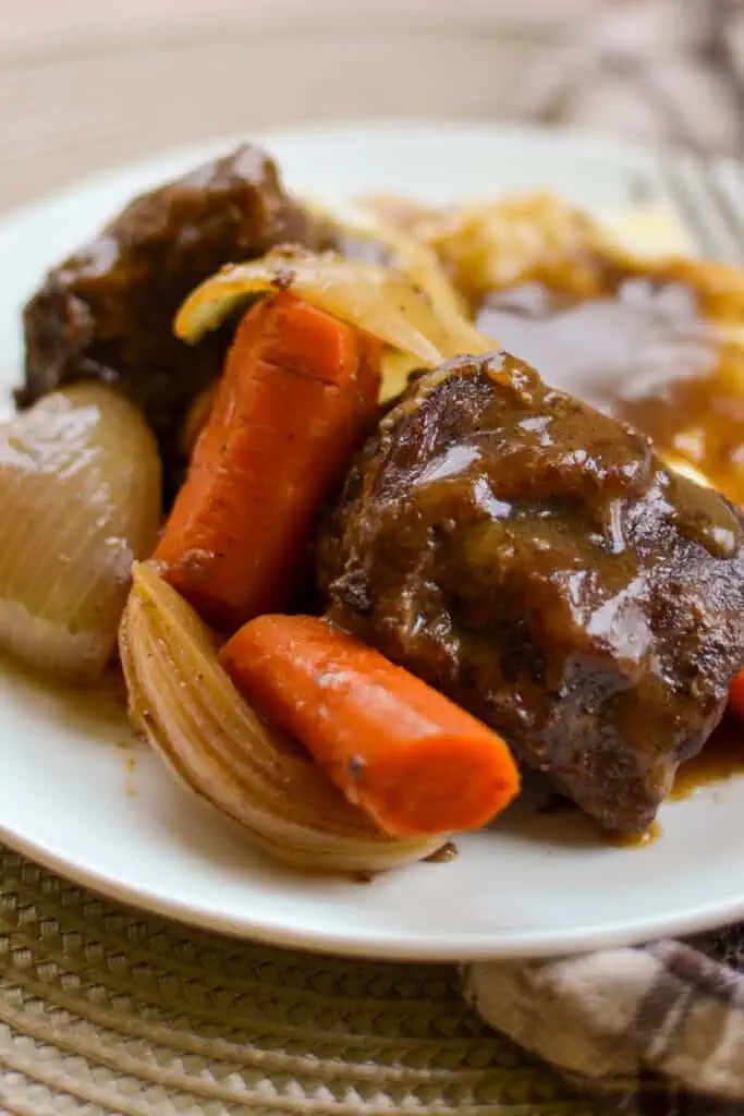 These fall-off-the-bone Beef Short Ribs are mouthwatering goodness.  They slow cook for about two hours. Dutch ovens are perfect because you can do it all in one pan. 