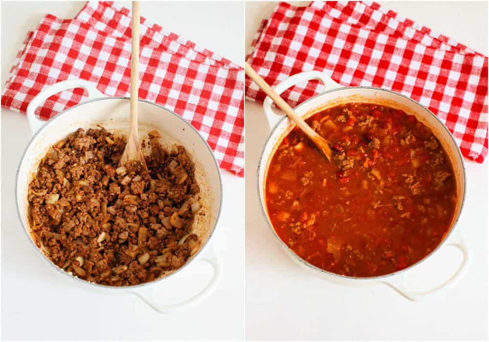 Some of the steps for making chili mac. Start by browning your ground beef in a large pot or Dutch Oven over medium heat. About halfway through the browning process, add the onion. Continue cooking until the onion is soft and the beef browns. Stir in the tomatoes, tomato sauce, kidney beans, beef broth, chili powder, ground cumin, ground cayenne pepper, smoked paprika, and dried oregano. 