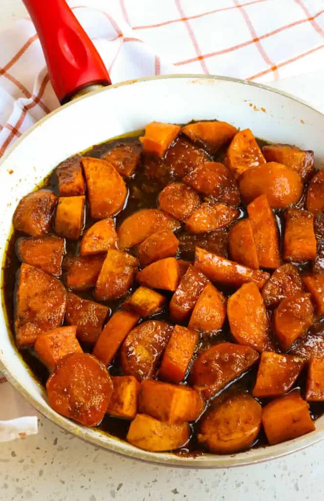 Sweet Southern Candied Yams with brown sugar, ground cinnamon, ground ginger, ground nutmeg, and vanilla extract is one of the tastiest easiest sides.