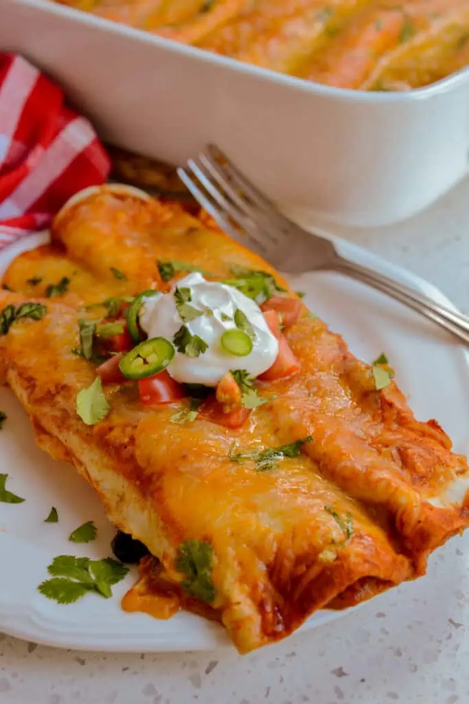 Chicken Enchiladas never tasted so good with sweet onions, fresh garlic, bean, green chiles, and tender chicken. 