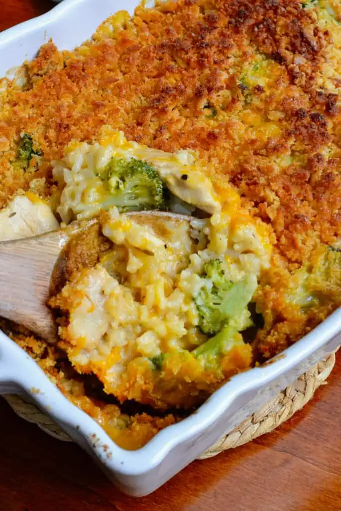 A scrumptious cheesy Chicken Broccoli Rice Casserole made from scratch without canned creamed soup and topped with a buttery cracker topping.