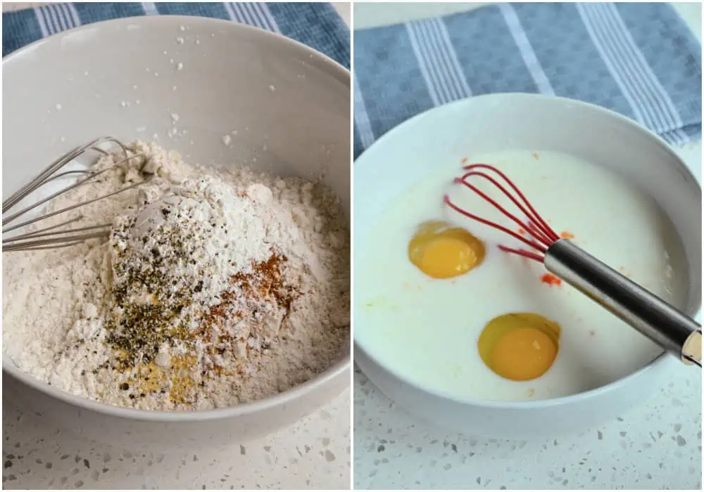 Whisk together the flour, cornstarch, garlic powder, onion powder, cayenne, and black pepper in a large shallow bowl. Whisk together the buttermilk, eggs, and hot sauce in a medium shallow bowl. 