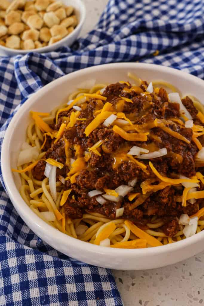 Cincinnati Chili is a unique taste combining ground beef, chili powder, cocoa powder, cinnamon, cloves and allspice. 