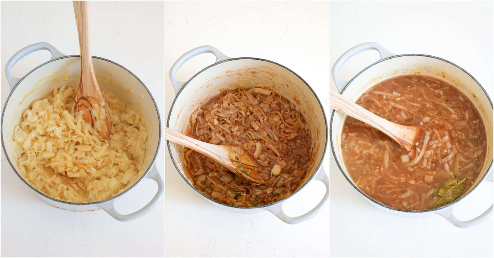 Some of the steps for making French Onion Soup. Start by heating a little butter and olive oil in a Dutch Oven or stock pot over medium heat. Add the onions and cook for about 45 minutes, stirring every few minutes, until they turn rich golden brown. If they are browning too fast, you may need to reduce the heat. Once browned, stir in the garlic and dried thyme. Add the wine and scrape the bottom of the pan to remove the browned bits—this technique is known as deglazing. Now, let the wine and onions simmer for a few minutes.
Add the beef broth, chicken broth, Worcestershire Sauce, and bay leaf, and simmer for about 20-30 minutes.