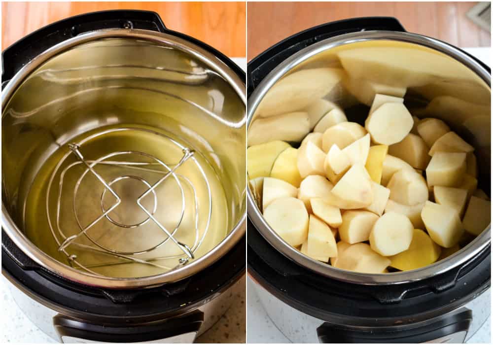 How to make Instant Pot Mashed Potatoes. Start by peeling and chunking your potatoes. Cut them into large chunks so they do not slip through the trivet. Pour the chicken broth into the bottom of the electric pressure cooker. Then, place the metal trivet into the pot. Put the potatoes on top of the trivet