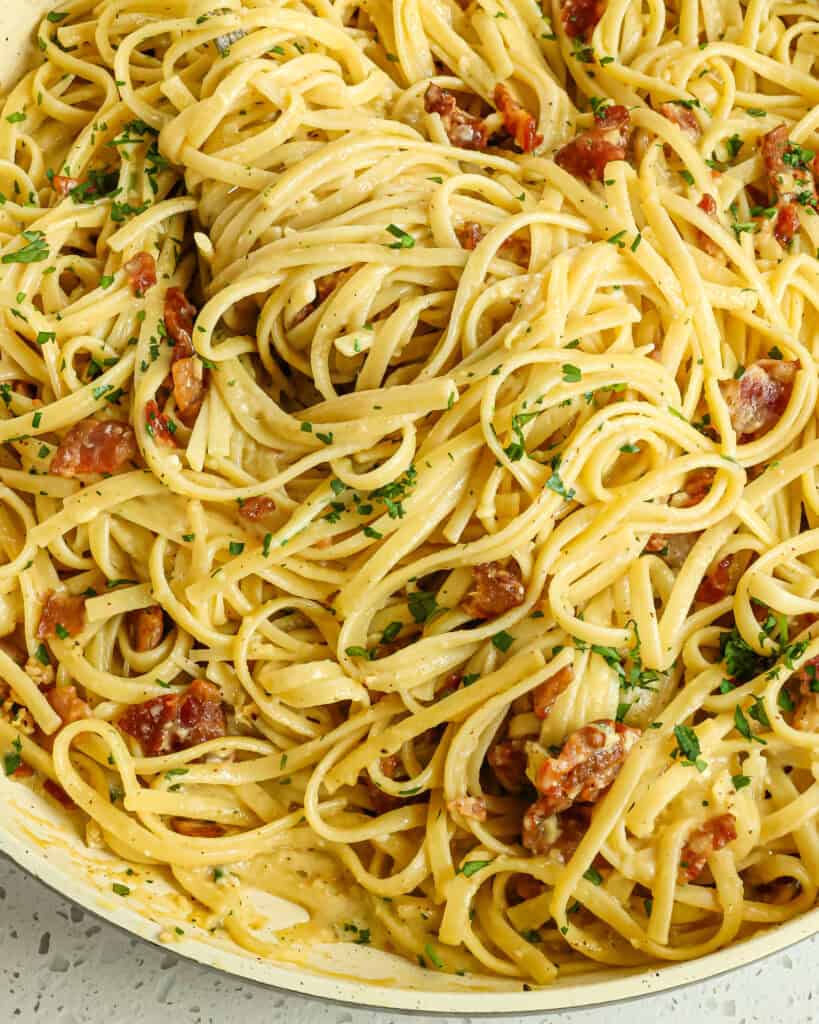 Pasta Carbonara in a large skillet.