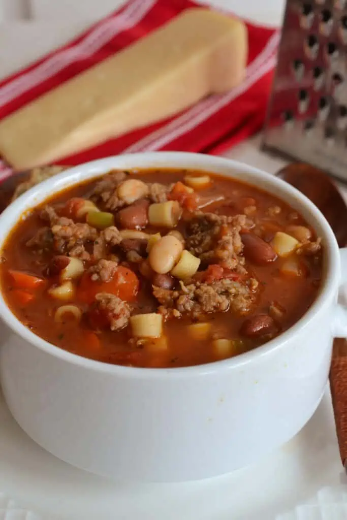 Pasta e Fagioli is a delectable Italian soup that combines Italian sausage, vegetables and beans in a rich tomato base.