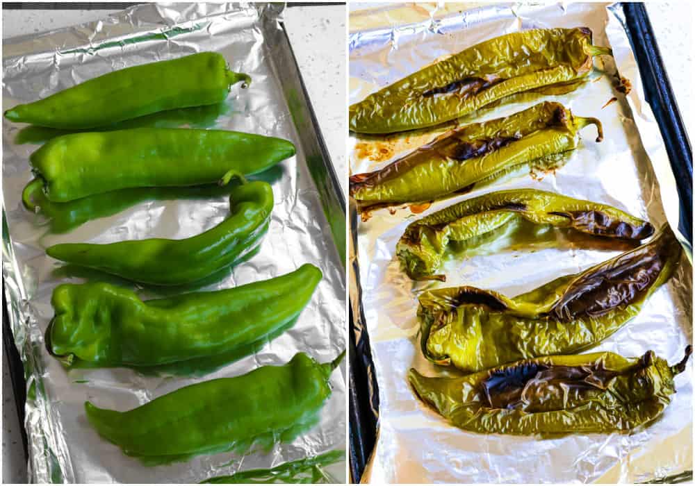 Roast the Anaheim or poblano peppers for about 20 minutes or until blistered. 