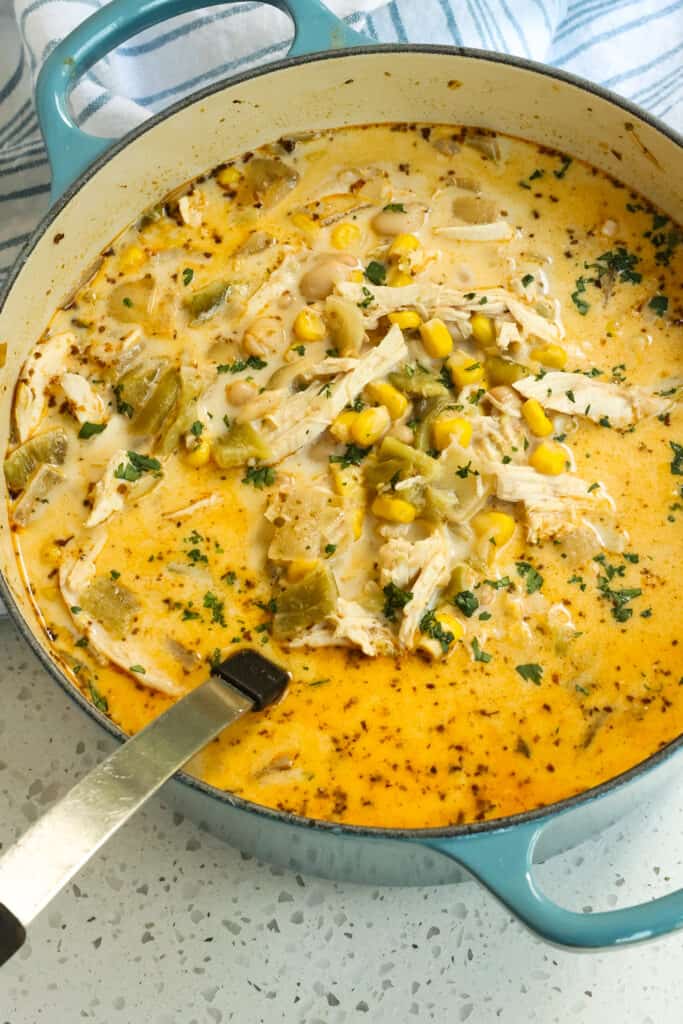 This easy White Chicken Chili recipe is a creamy version of chili with white beans, roasted chicken, sour cream, poblano peppers and Anaheim peppers.