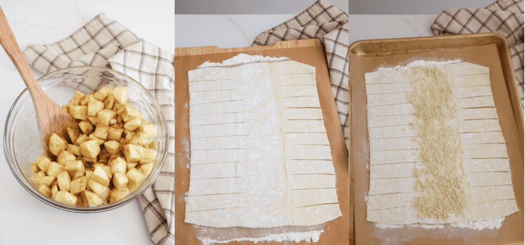 Toss the apples with lemon juice. Combine the raisins, brown sugar, cinnamon, and nutmeg. Lay the puff pastry dough on parchment paper and evenly cut strips without going all the way through.