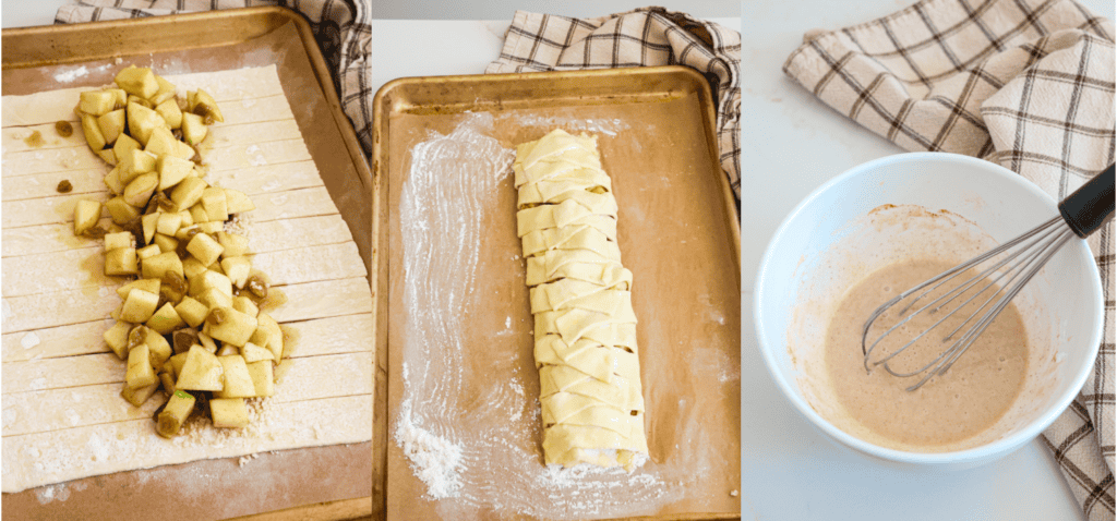 Sprinkle the center with breadcrumbs and layer the apple filling. Fold each strip across at a slight downward angle. Beat the egg and milk together and use a pastry brush to coat the tops and sides of the pastry. Bake, then move to a wire rack to cool using the parchment paper. Whisk together the vanilla sauce ingredients and drizzle over the top once fully cooled.