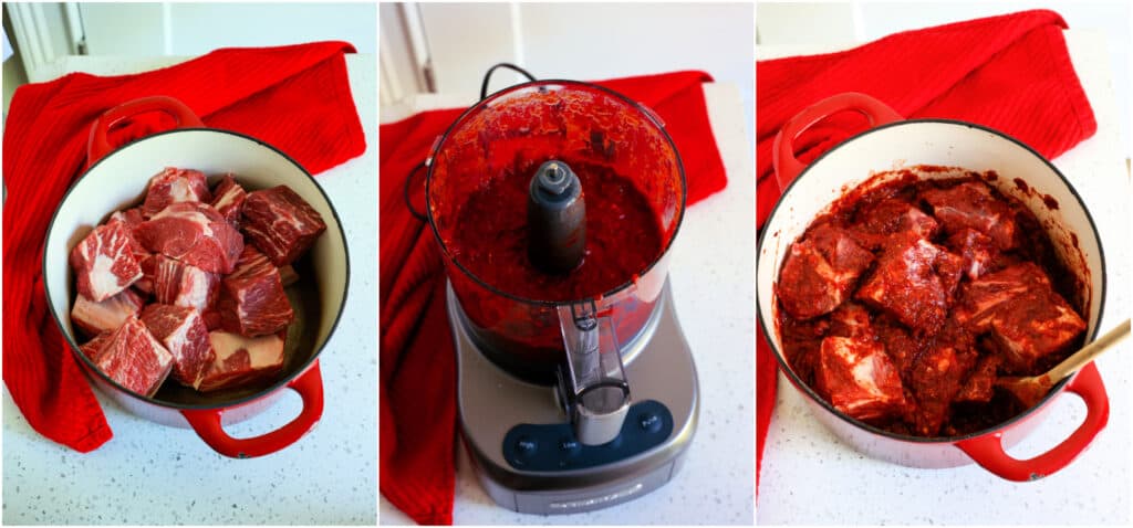 Some of the steps to making birria beef. Trim and cut the chuck roast into large chunks. Add the chuck roast and short ribs to a large Dutch oven or heavy pot. In a food processor, add the softened peppers, garlic, fire-roasted tomatoes, chili powder, cumin, oregano, smoked paprika, salt, black pepper, and ground cloves. Pulse until blended and smooth. Pour it over the meat and stir to coat. Cover and refrigerate for 2 hours up to overnight.