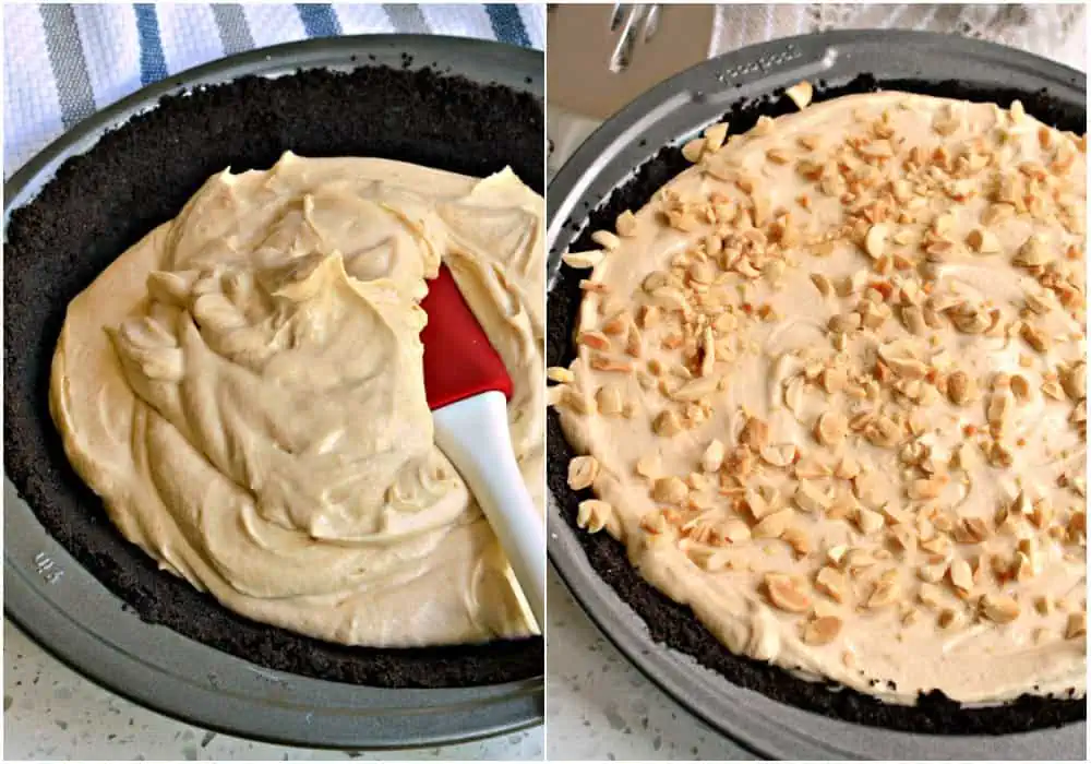 Pour the peanut butter pie filling into the chilled crust and top with peanuts. 