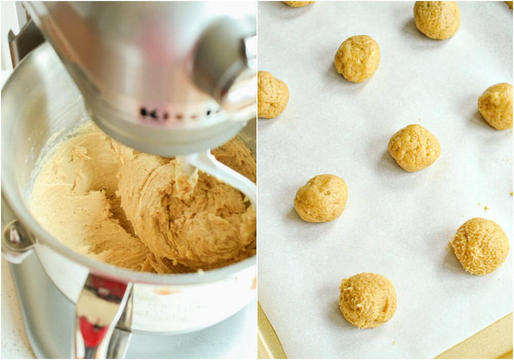 Some of the steps for making eggnog cookies. Add the dry ingredients to the wet ingredients in three increments, mixing on low until incorporated. Roll the cookie dough into about 1-inch balls.  Place on parchment-covered baking sheets 2 inches apart