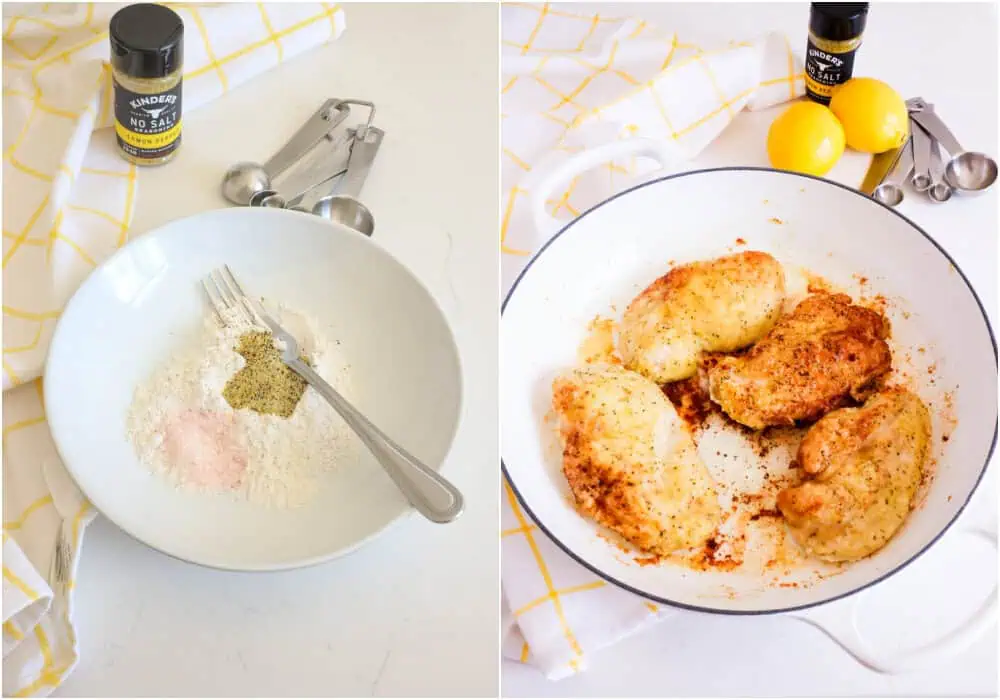 Some of the steps to making lemon pepper chicken. Combine the flour, lemon pepper seasoning, and salt in a shallow, wide bowl. Dredge the chicken breasts into the flour mixture. Melt the butter and heat the olive oil over medium heat. Add the breaded chicken breasts and cook until golden brown and cooked through. 