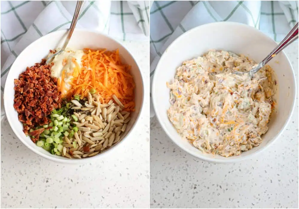 Some of the steps to making million dollar dip. Simply add the mayonnaise, shredded cheddar, slivered almonds, green onions, crisp bacon, fresh ground black pepper, and garlic powder to a medium bowl and stir to combine.