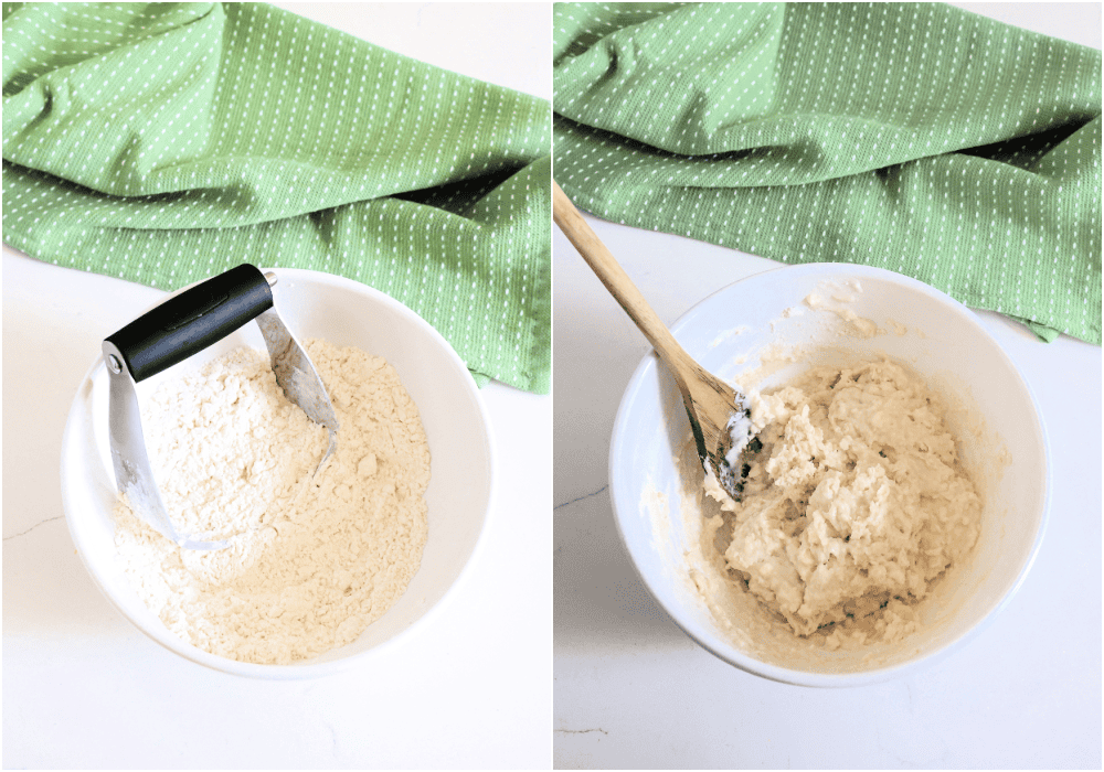 Some of the steps to making chicken dumpling soup. Mix the dumpling dough and drop it into the simmering stew. Cover and simmer.