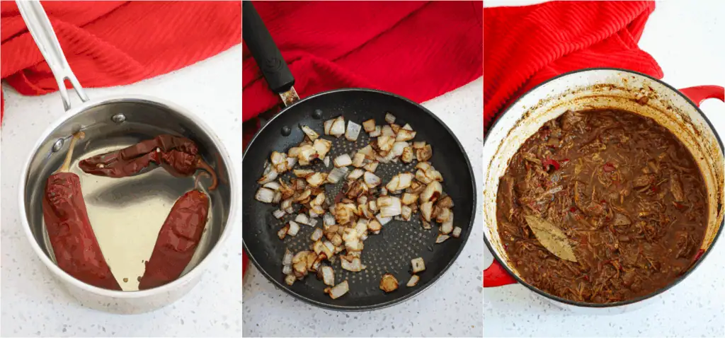 Some of the steps to making birria beef. Hydrate the dried guajillo chiles. Remove the stems, seeds, and veins.
Cook the onions in a bit of olive oil. Add the cooked onions, beef broth, cinnamon stick, and bay leaves to the pot. Bring the mixture to a gentle boil, then reduce the heat and simmer for 3-4 hours or until the meat is fall-apart tender.
