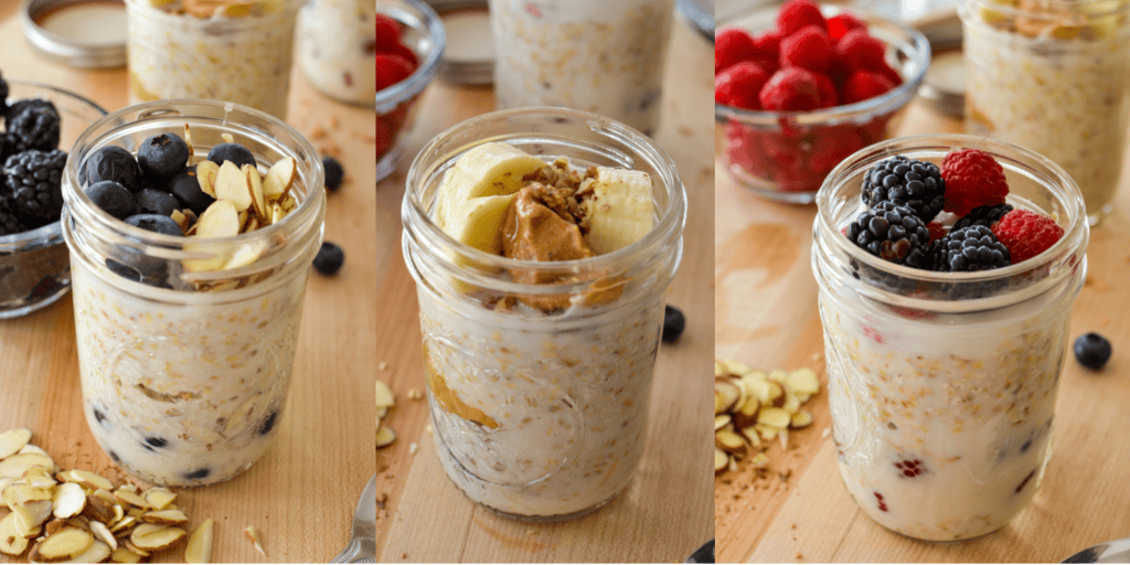 Three flavor variations blueberries and sliced almonds, banana and peanut butter, and mixed berries overnight steel cut oats.