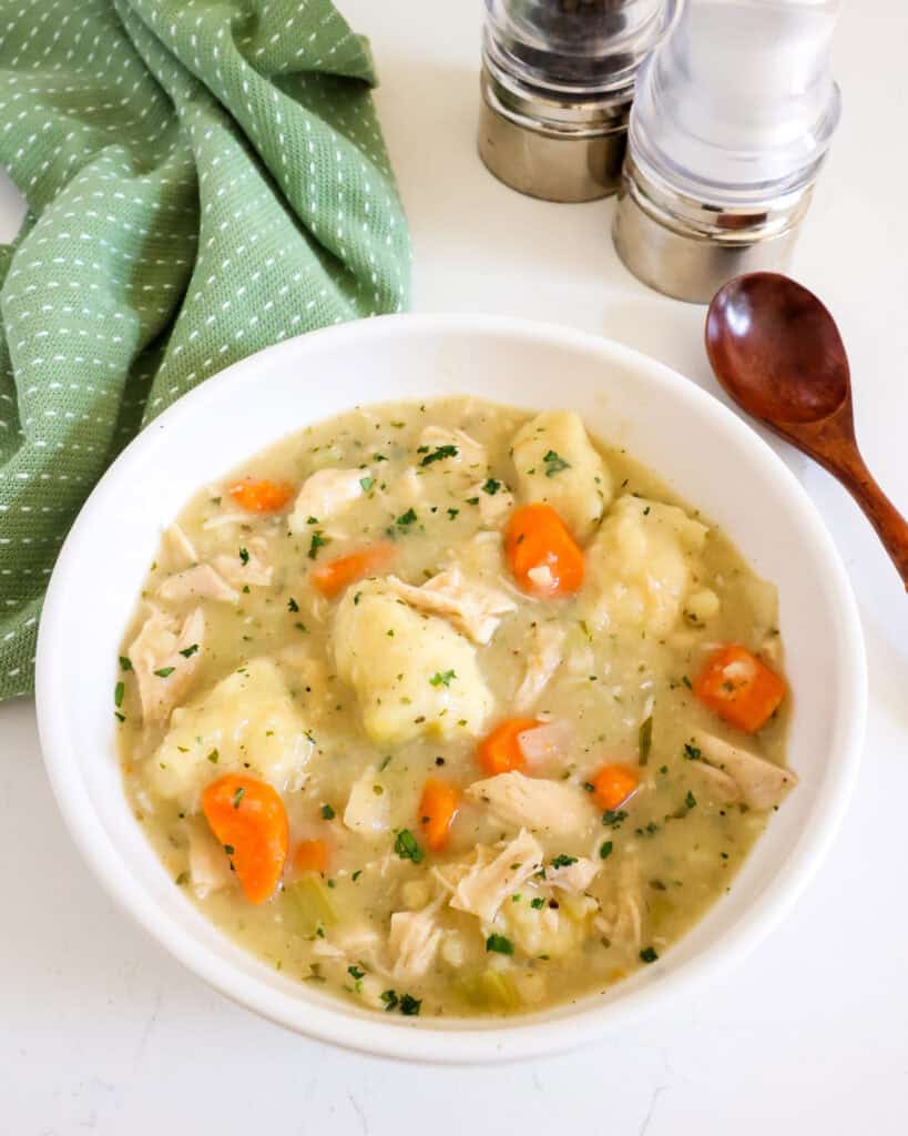 An overhead view of chicken and dumpling soup.