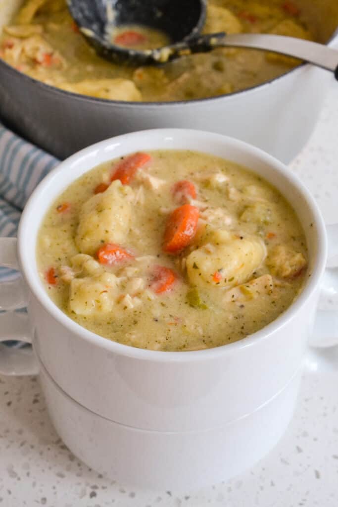 Chicken dumpling soup is the ultimate comfort soup combining hearty vegetables, tender chicken and homemade dumplings.