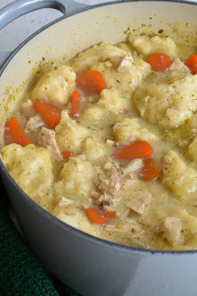 This Chicken and Dumpling Soup recipe is made with creamy broth, succulent chicken, sweet carrots and light fluffy dumplings.