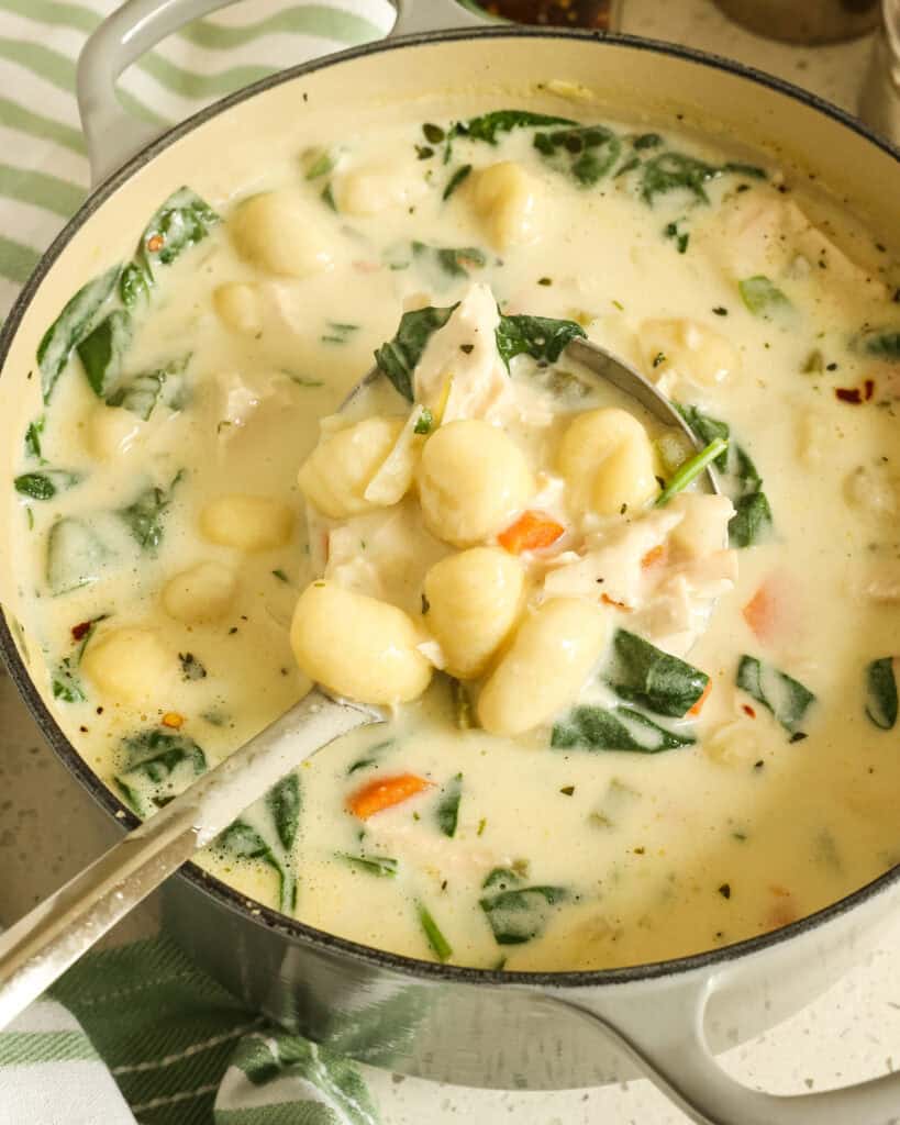 Chicken Gnocchi Soup (A Quick and Easy Family Favorite) Up close shot of the soup on a big ladle with gnocchi, chicken, spinach, and carrots on it.