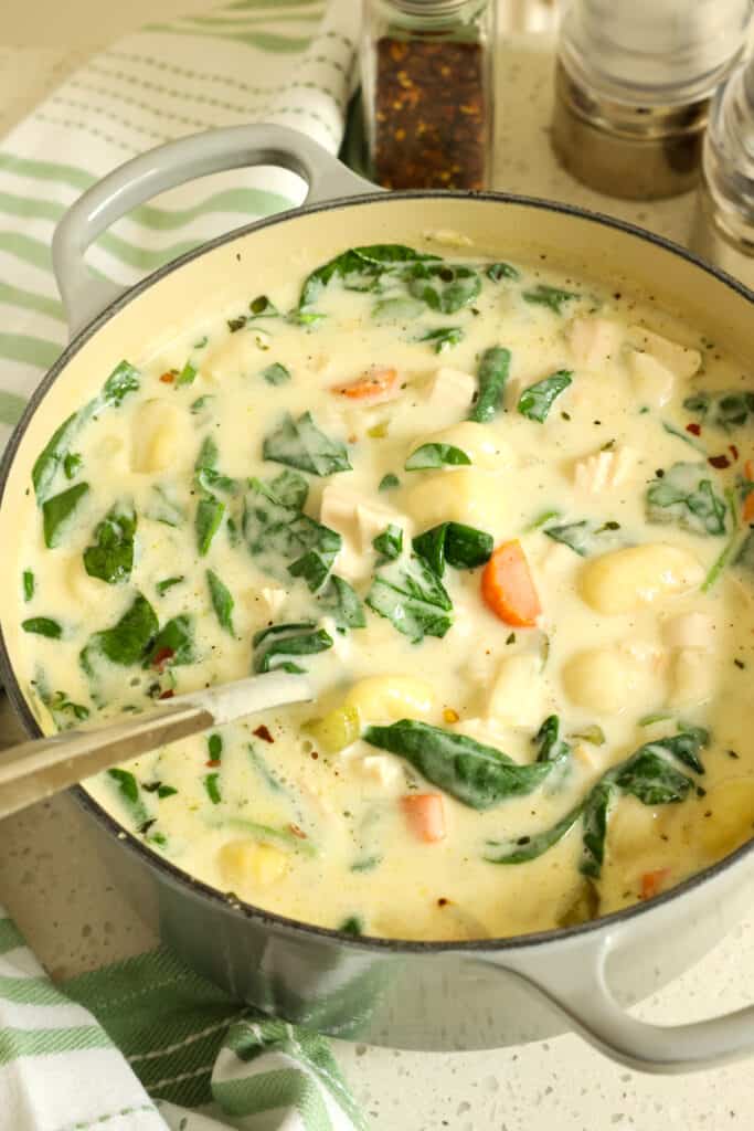 Mouthwatering Good Chicken Gnocchi Soup Add the fresh thyme, gnocchi, and cooked chicken, and potato gnocchi and simmer for about 5 minutes. Stir in the spinach, red pepper flakes, and season with salt the pepper to taste.