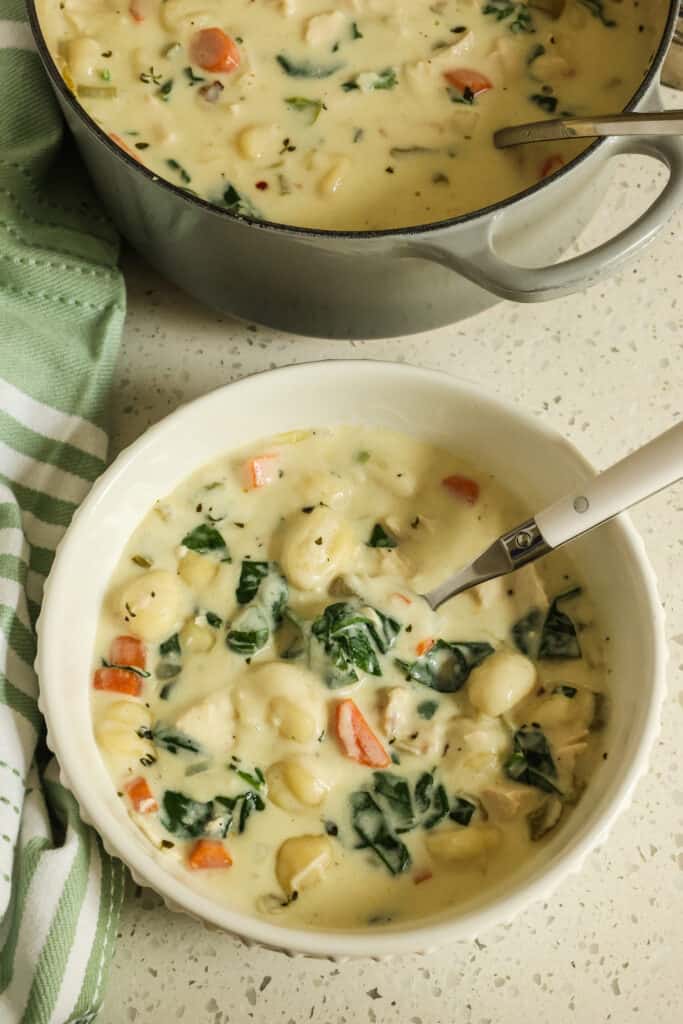 Chicken Gnocchi Soup combines gnocchi, onions, celery, carrots, spinach, and chicken into a creamy broth. 