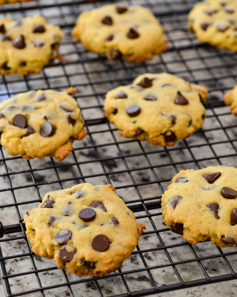Chocolate Chip Cookies with Vanilla Pudding Chocolate Chip Pudding Cookies on a cooling rack before serving.