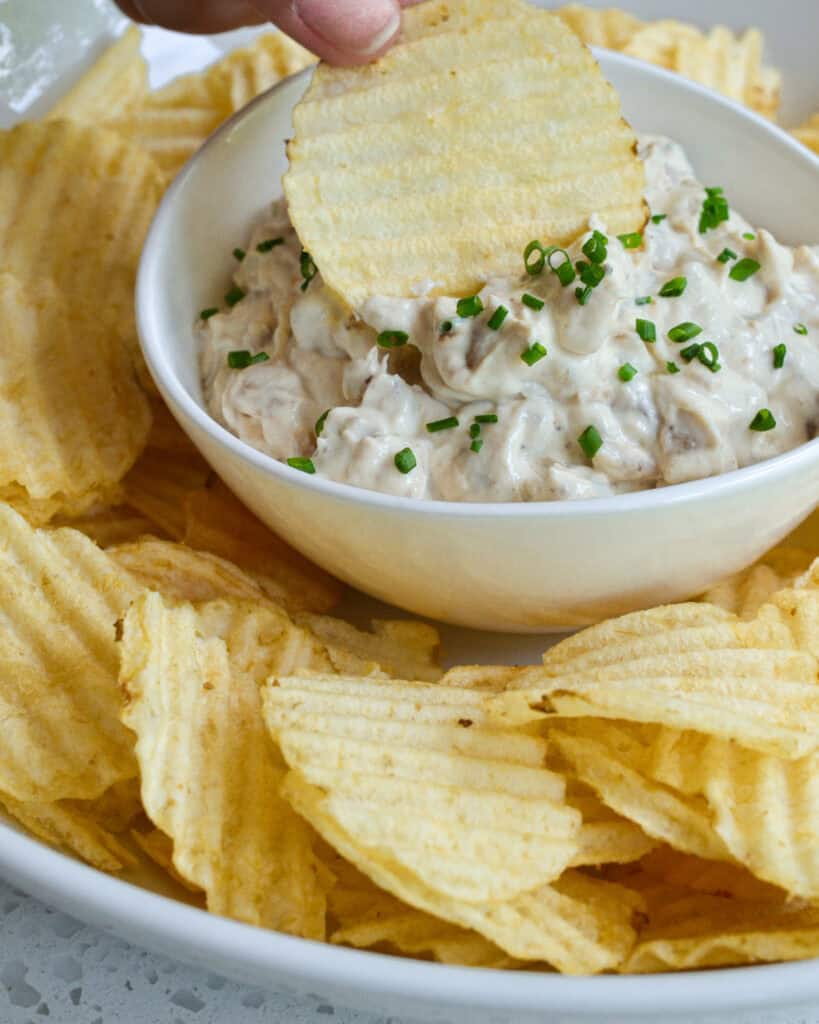 A close up view of a chip dipped in homemade French onion soup. 