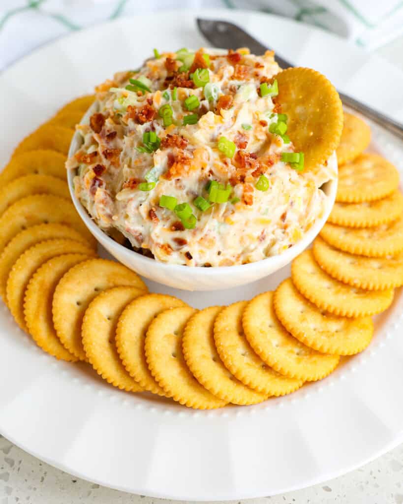 A bowl full of quick and easy million dollar dip with Ritz crackers around it. 