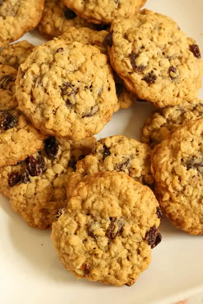 These scrumptious Oatmeal Raisin cookies are darn near perfect.  They are crispy on the outside, and soft and chewy on the inside with just the right balance of oats and raisins. 